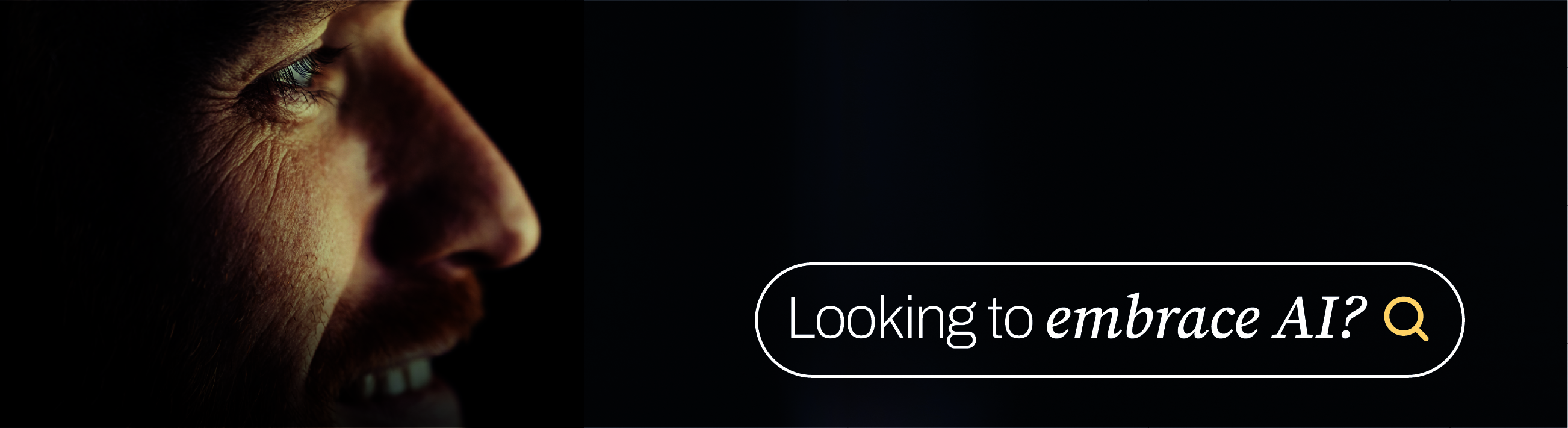 A person browsing resources and smiling, with a caption 'looking to embrace ai'
