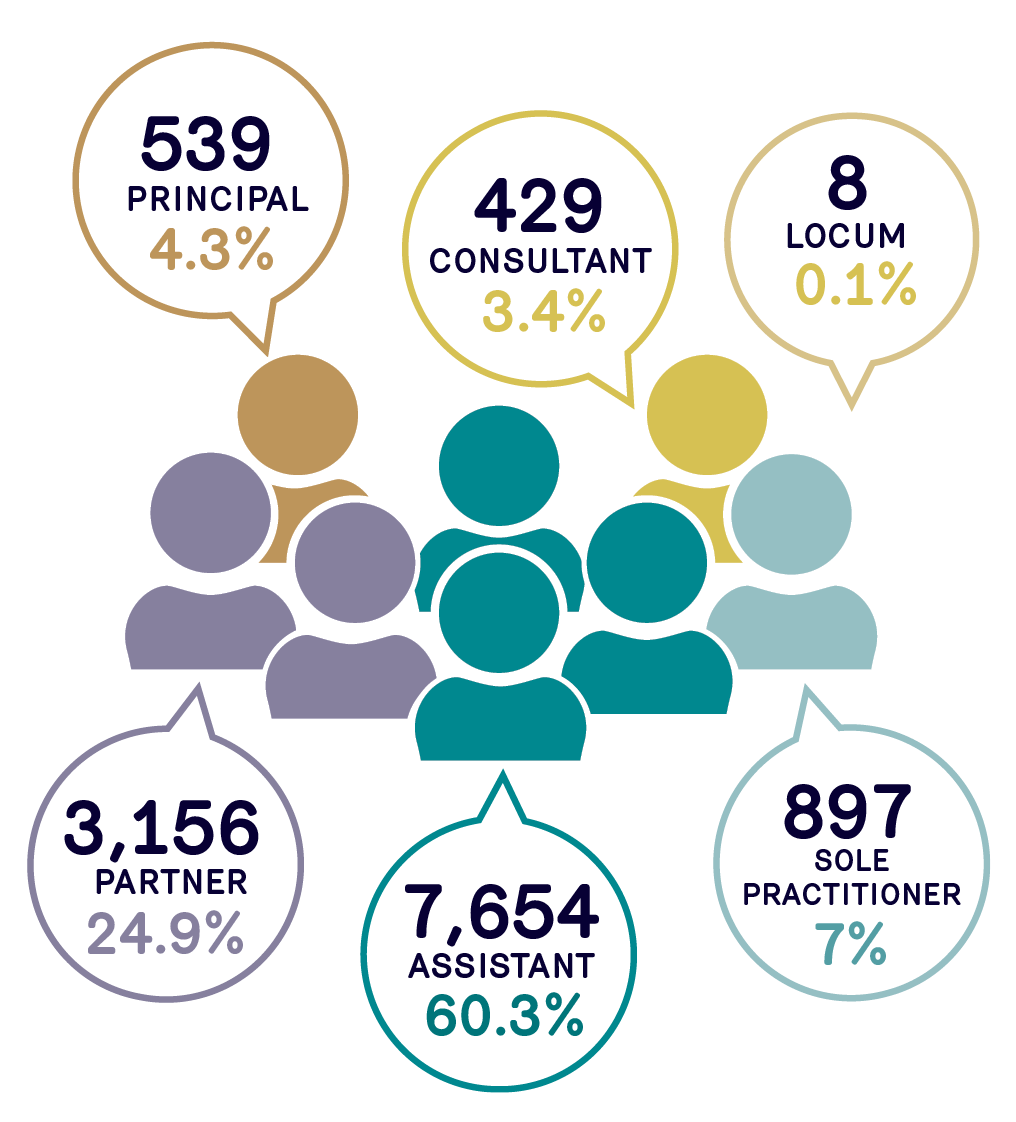 Graphic shapes of people with speech bubbles describing the number of solicitors in each position type