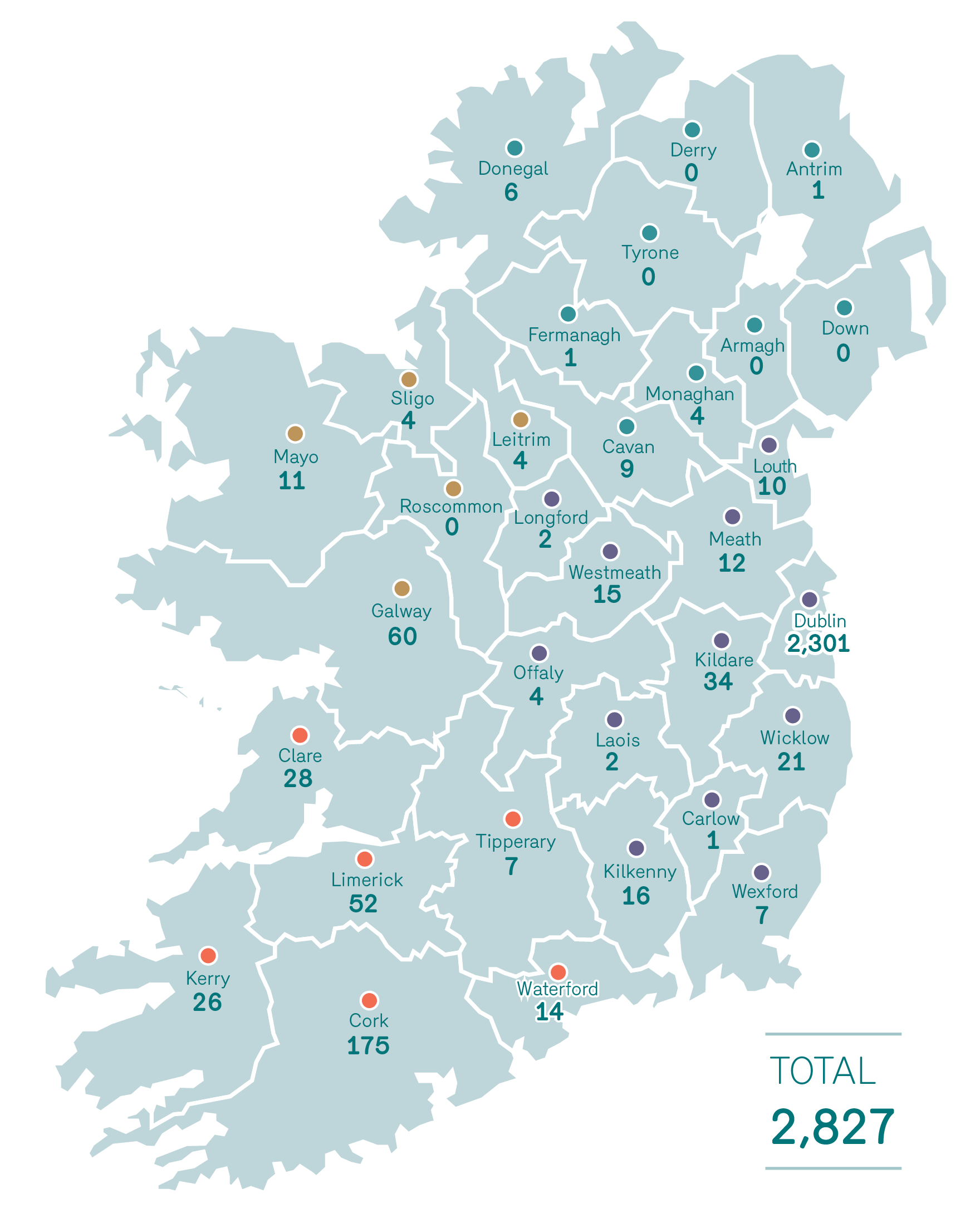 A map of Ireland divided into counties with numbers representing practising In-house solicitors in each