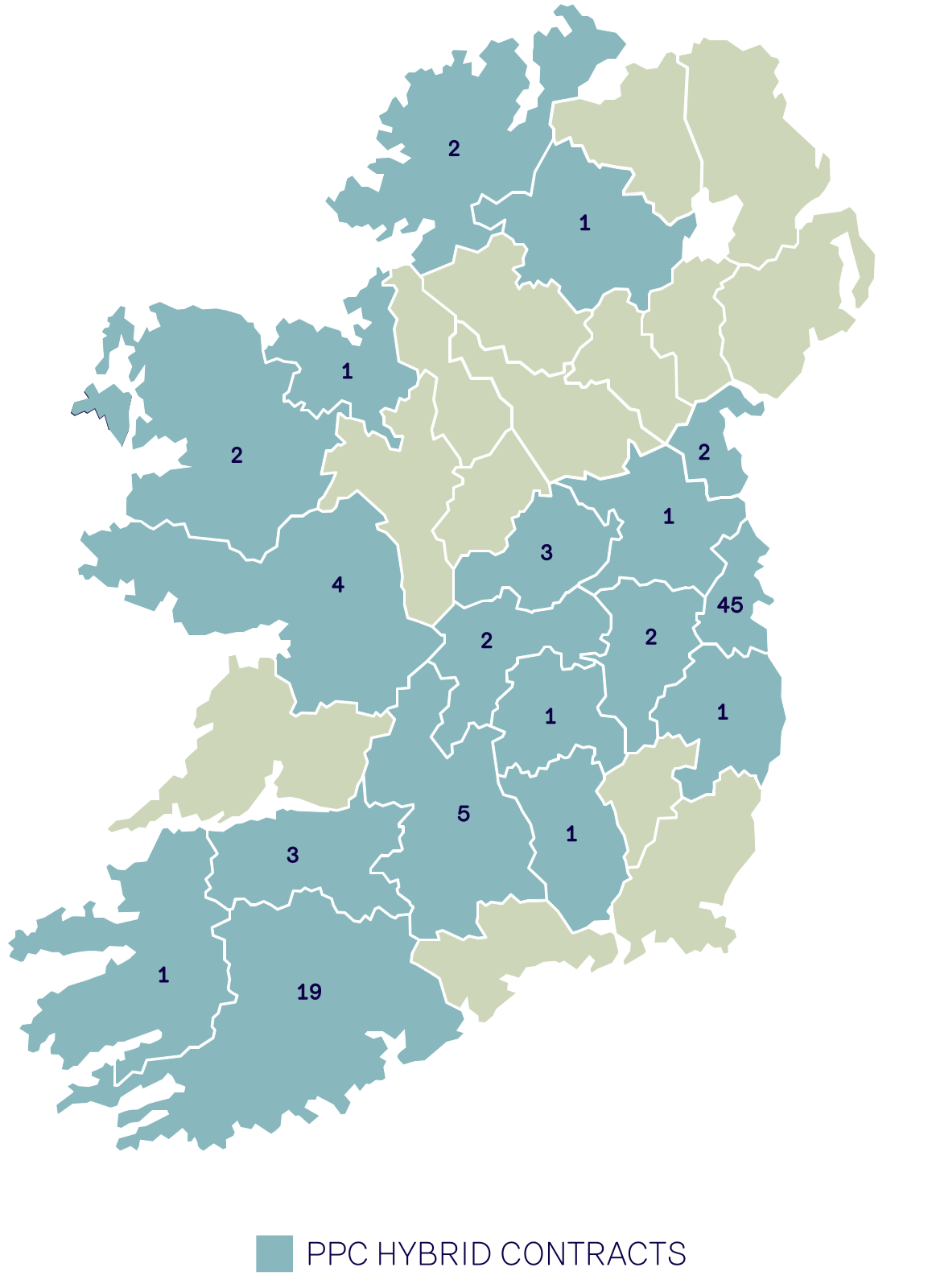 A map of Ireland divided into counties with numbers representing Hybrid PPC students